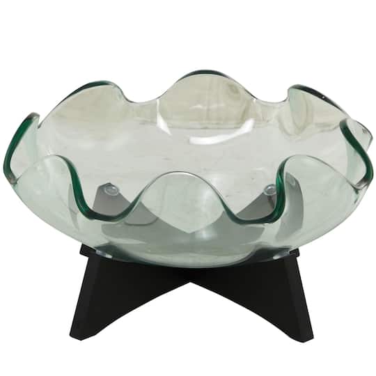 16" Clear Glass Kitchen Serving Bowl with Black Wooden Stand